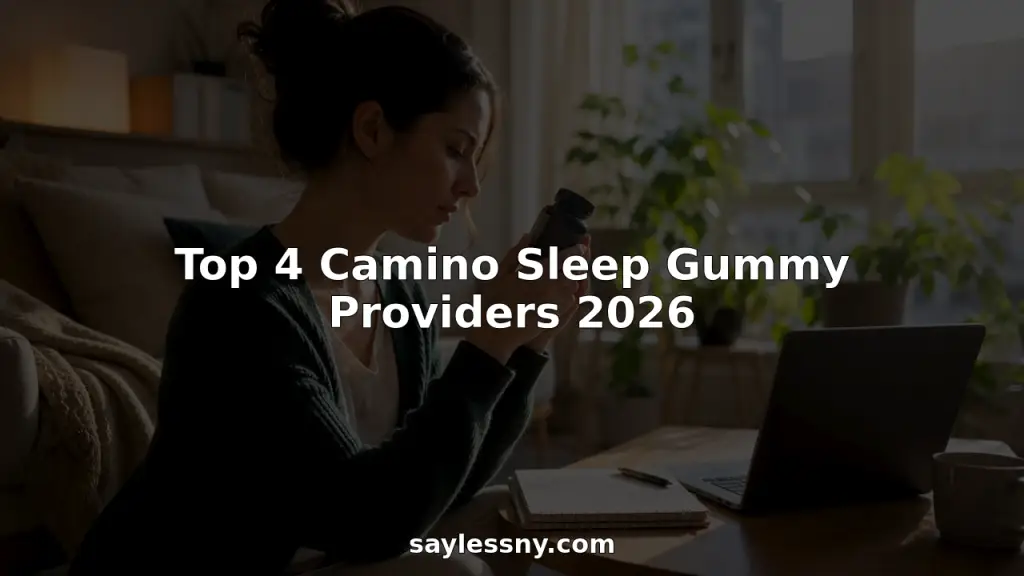 Woman examining Camino Sleep Gummies bottle at kitchen table