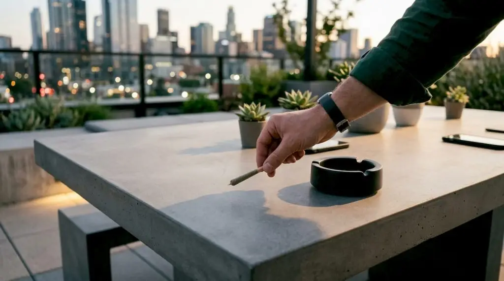 Hand holding dog walker cannabis joint outdoors
