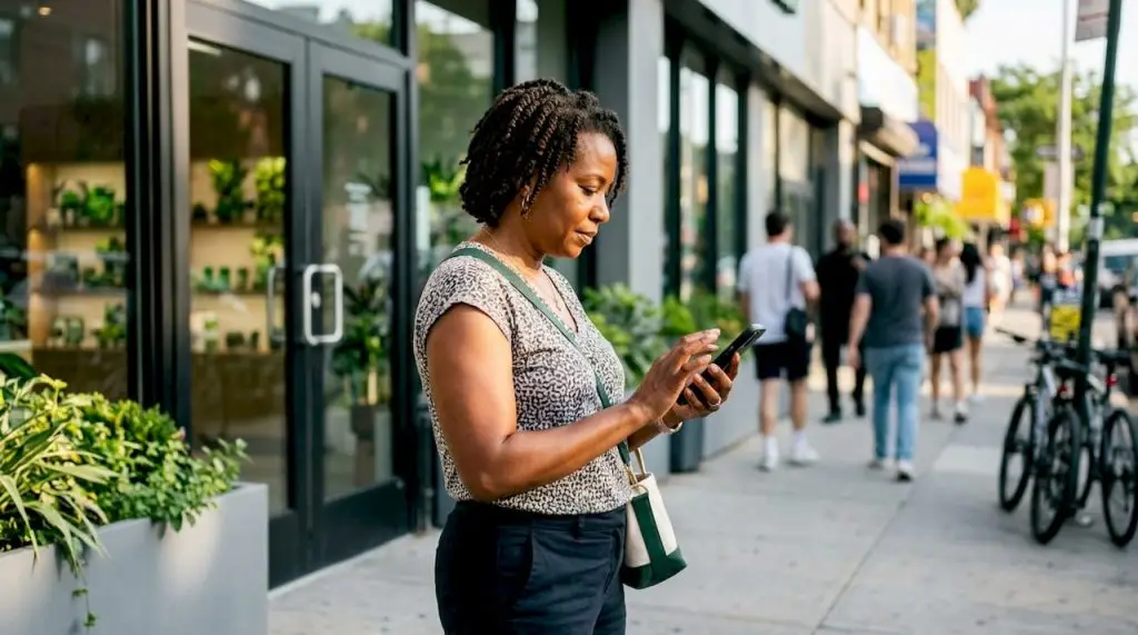 Woman paying with smartphone at cannabis dispensary