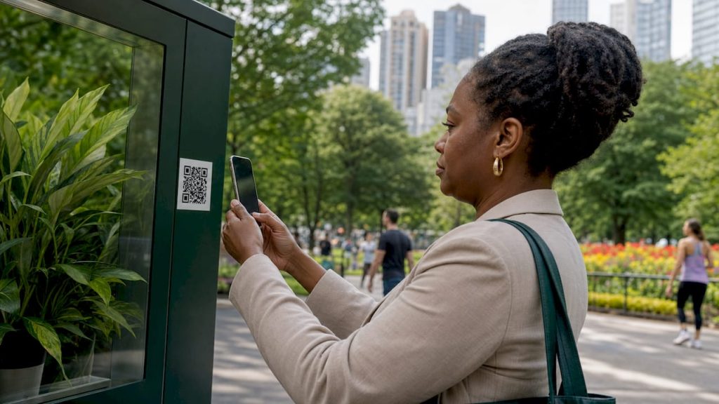 Woman scanning QR code at NYC cannabis dispensary