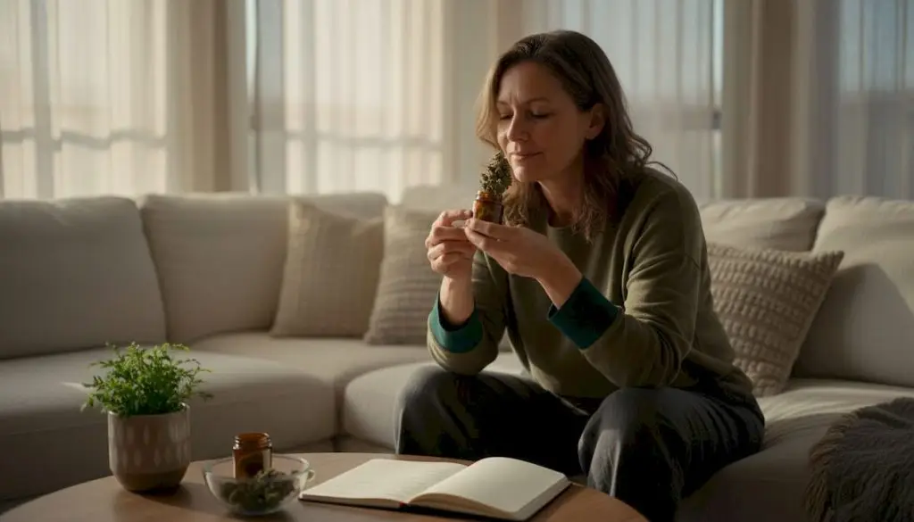 Woman reviewing Back Home Cannabis flower jars