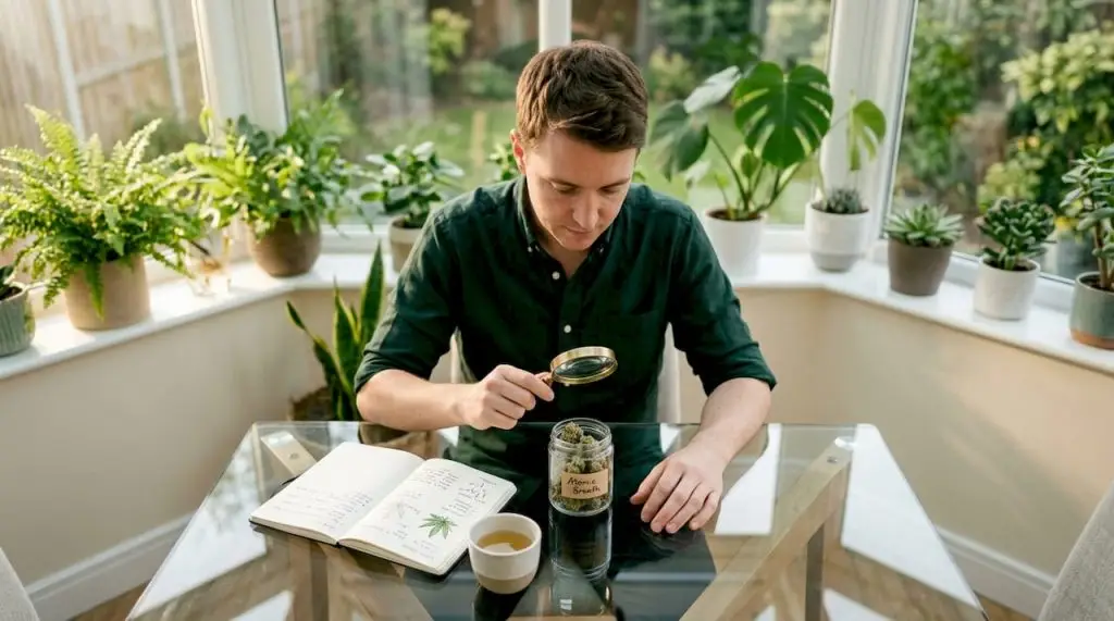 Person examining Atomic Breath cannabis buds at home