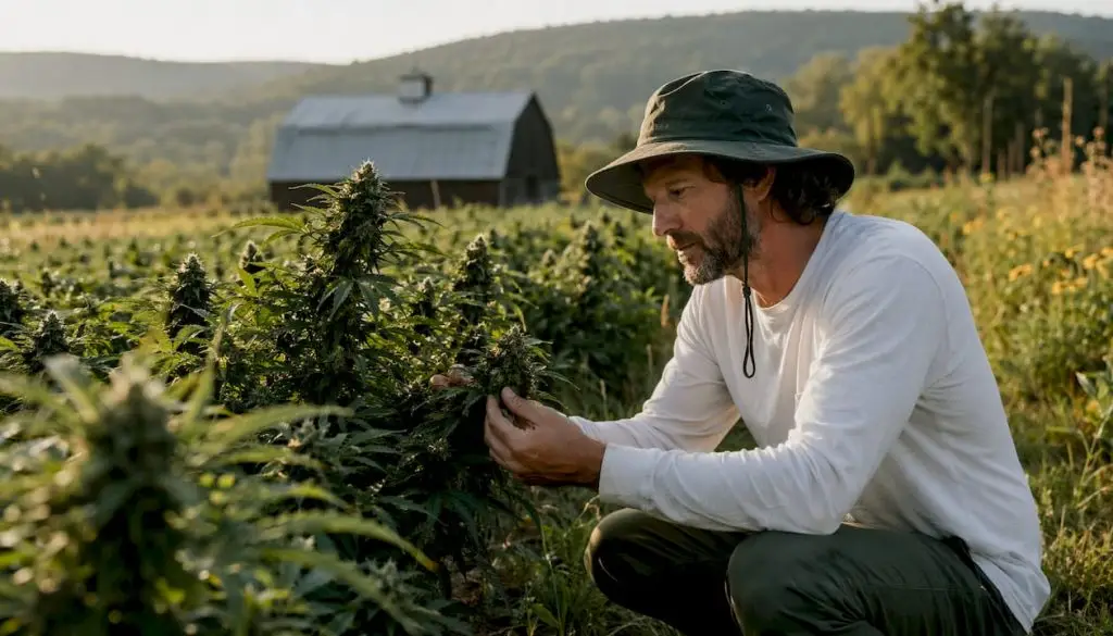 Cannabis cultivator inspecting sun-grown plants outdoors