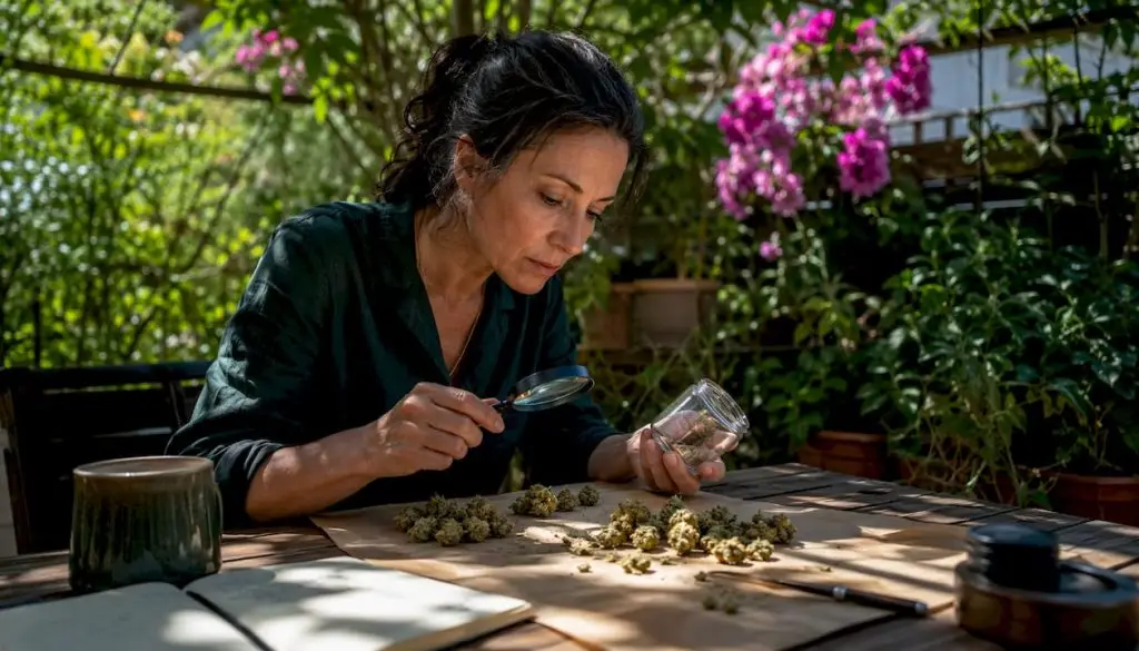 Woman inspecting cannabis buds in greenhouse
