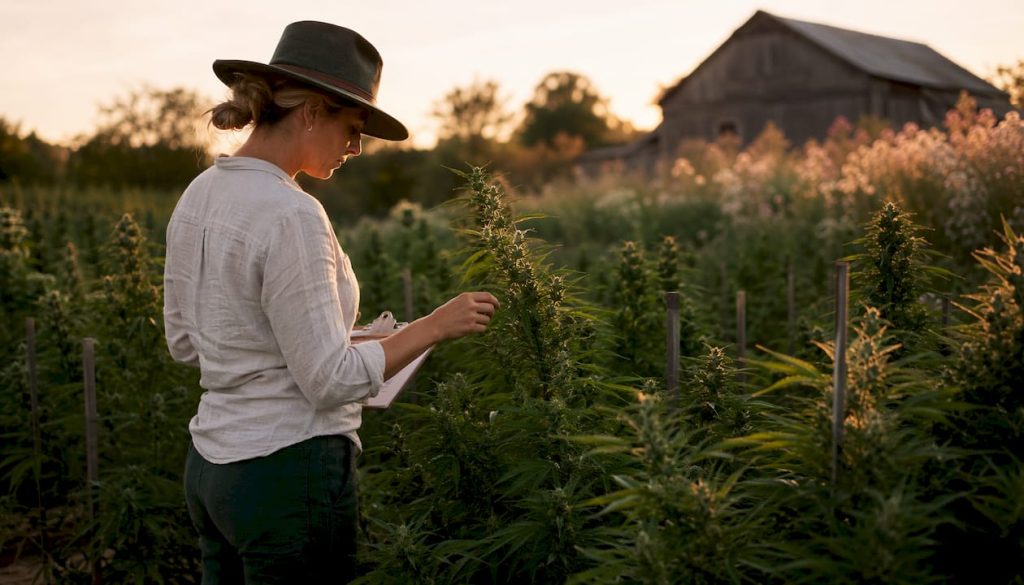 Outdoor sun-grown cannabis farm with worker inspecting plants