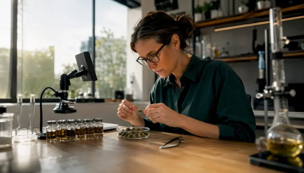 Scientist studying hybrid cannabis in lab