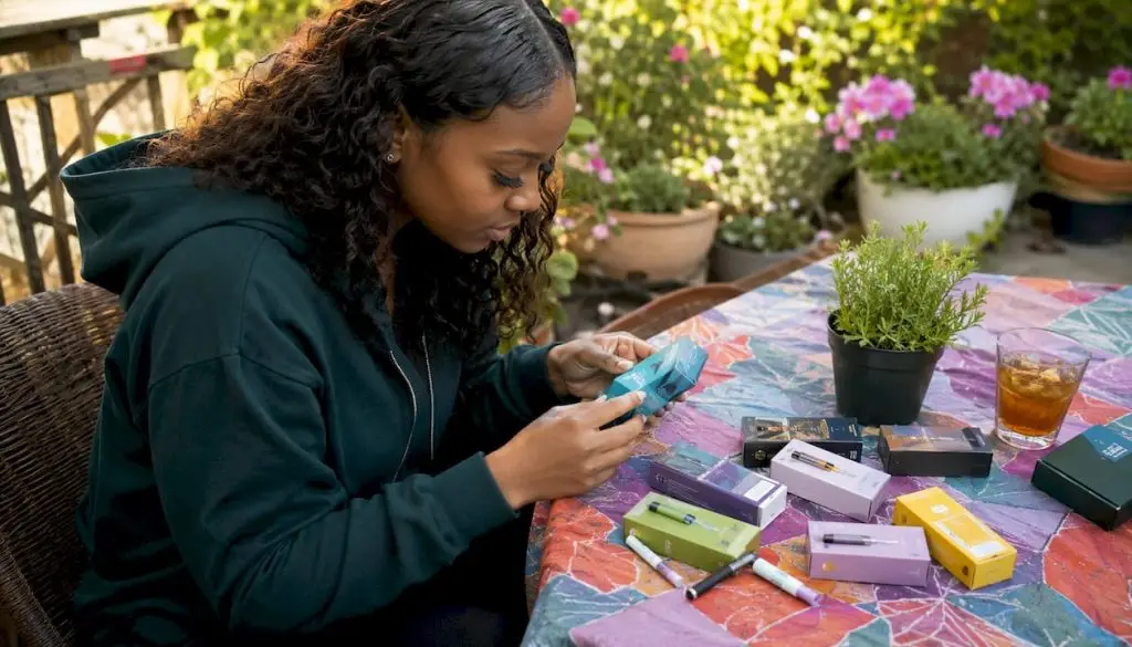 Woman reviewing Jeeter vape carts and pre-rolls