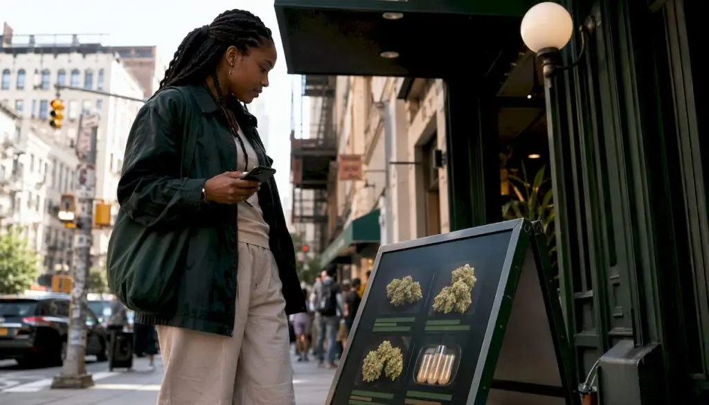Woman exploring Maui Wowie options in NYC dispensary