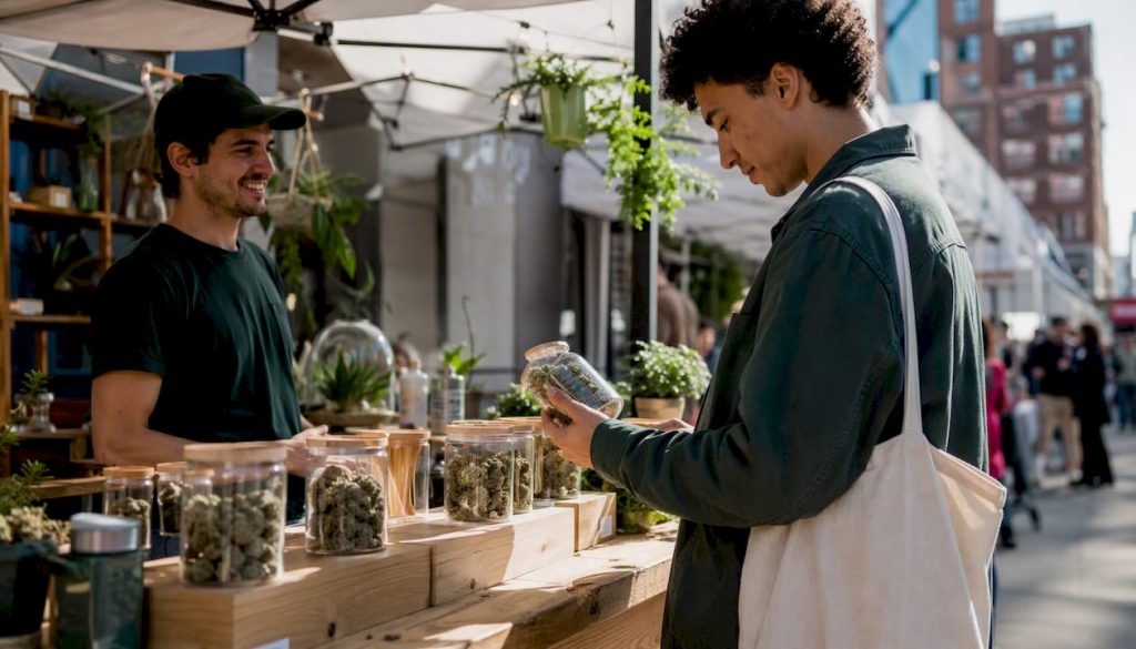 Customer browsing cannabis products at NYC dispensary