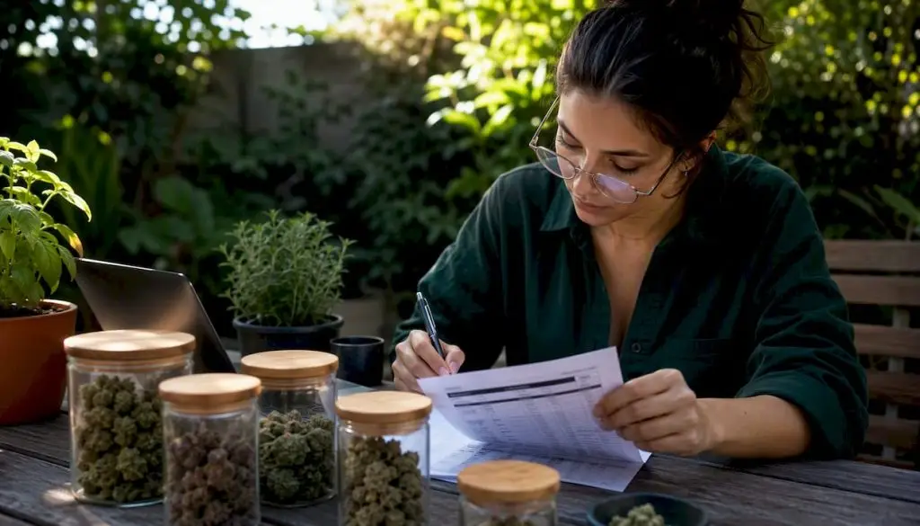 Buyer reviewing cannabis products and lab reports
