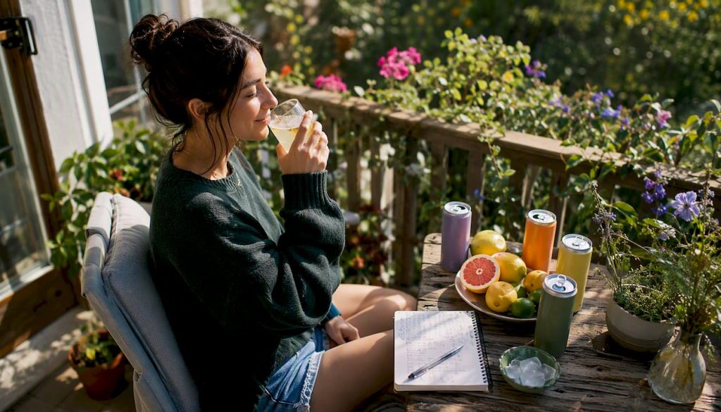 Woman tasting various THC-infused drinks at kitchen counter
