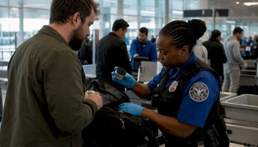 TSA officer inspecting carry-on bag at airport checkpoint