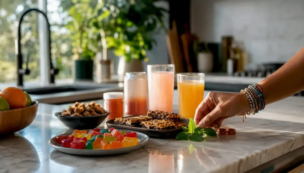 Variety of vegan cannabis edibles on table