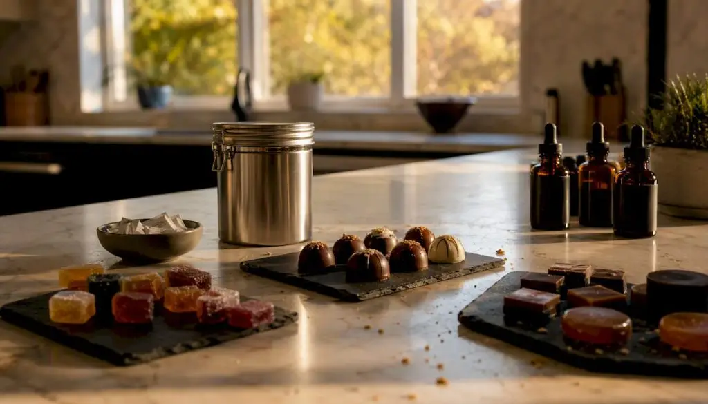 Cannabis edibles variety on kitchen surface