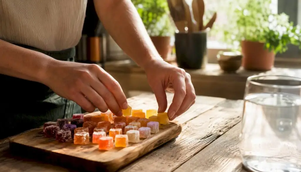 Hands measuring cannabis edible gummies on kitchen counter