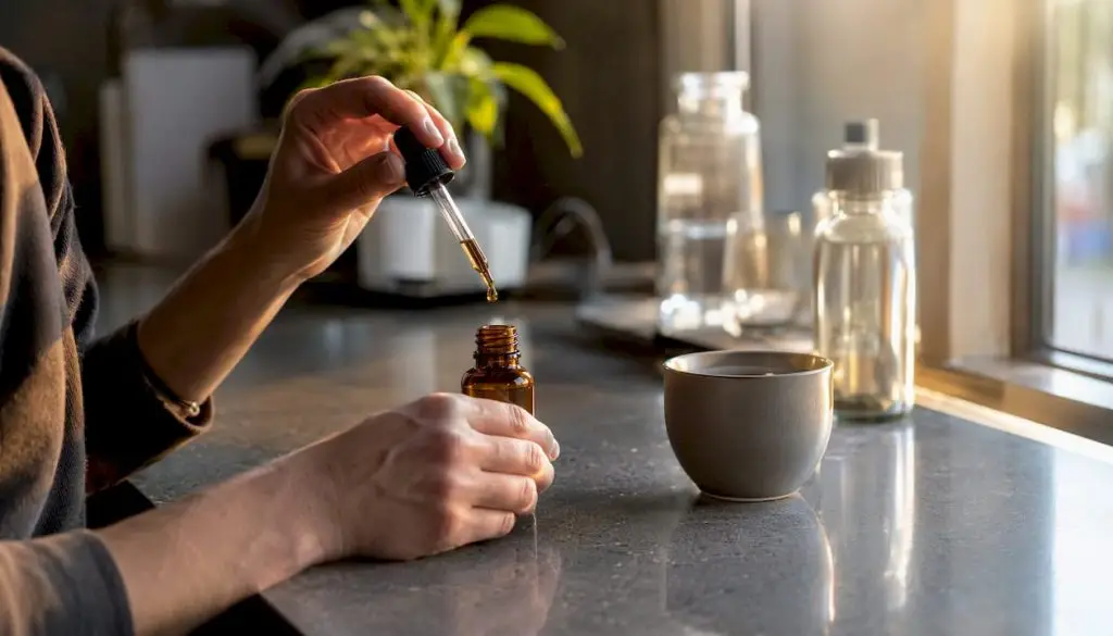 Hands measuring THC tincture with dropper