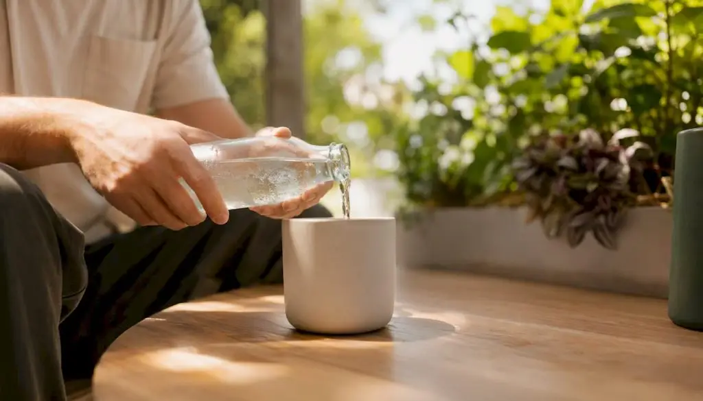 Hands pouring THC drink into glass indoors