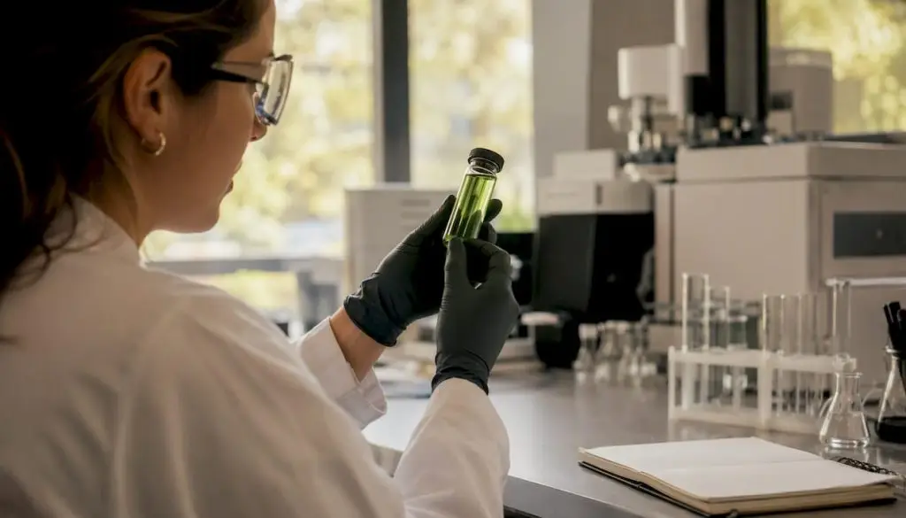 Hands holding THC beverage vial in a testing lab