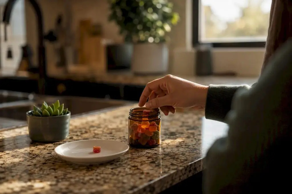 Hand opening jar of cannabis gummies on table