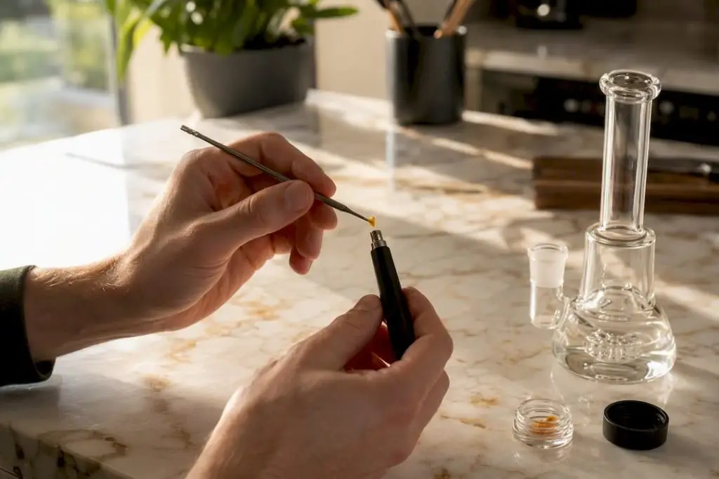 Hands placing concentrate onto dab pen tip
