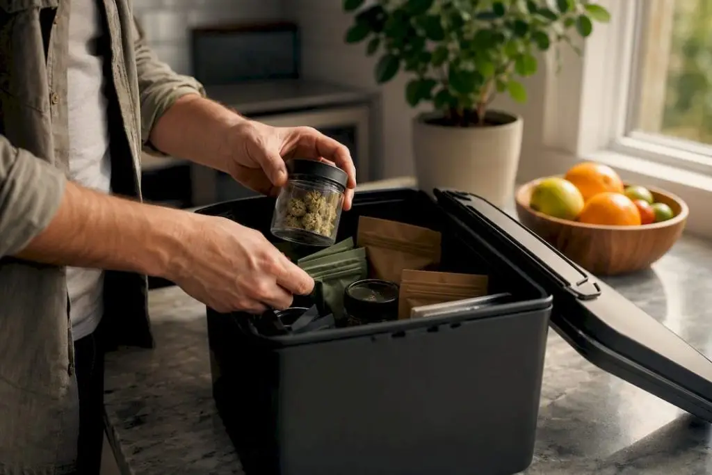 Hands placing edible containers in airtight box
