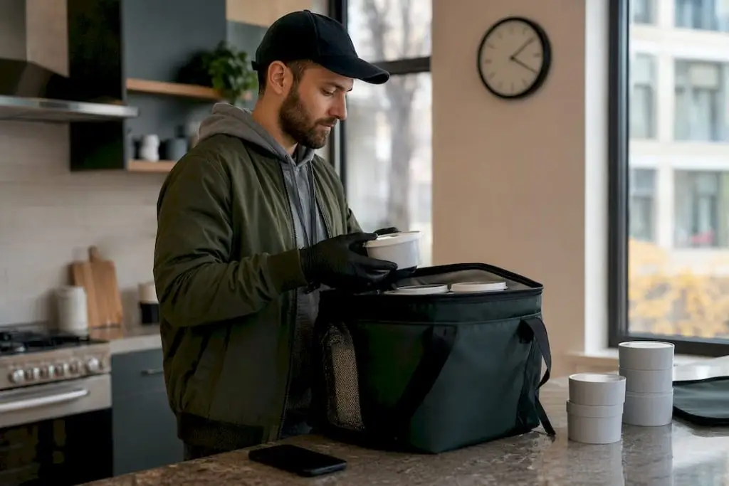 Hands packing cannabis delivery bags