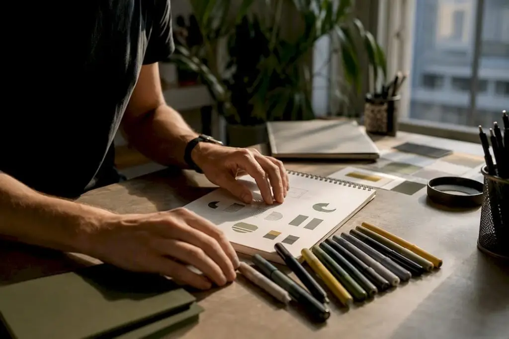 Designer hands arranging brand assets on desk