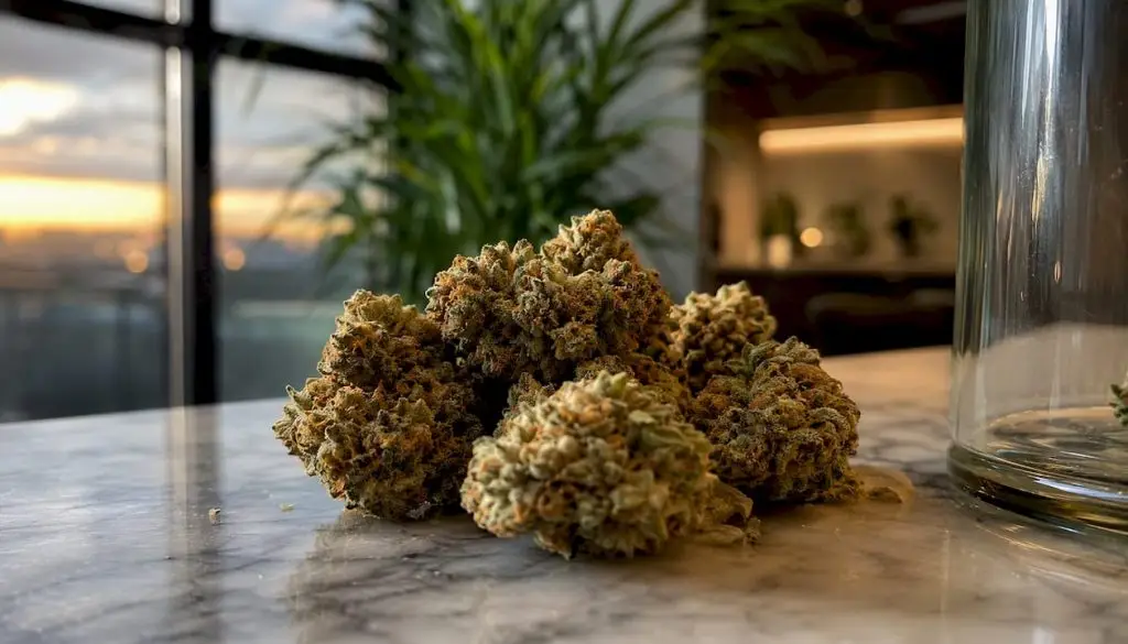 Close-up of cannabis buds highlighting terpene-rich trichomes