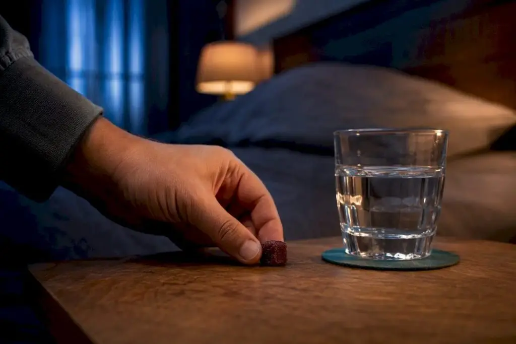 Anonymous gummy dose beside bedside water