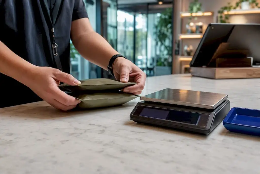 Anonymous packages beside dispensary checkout scale