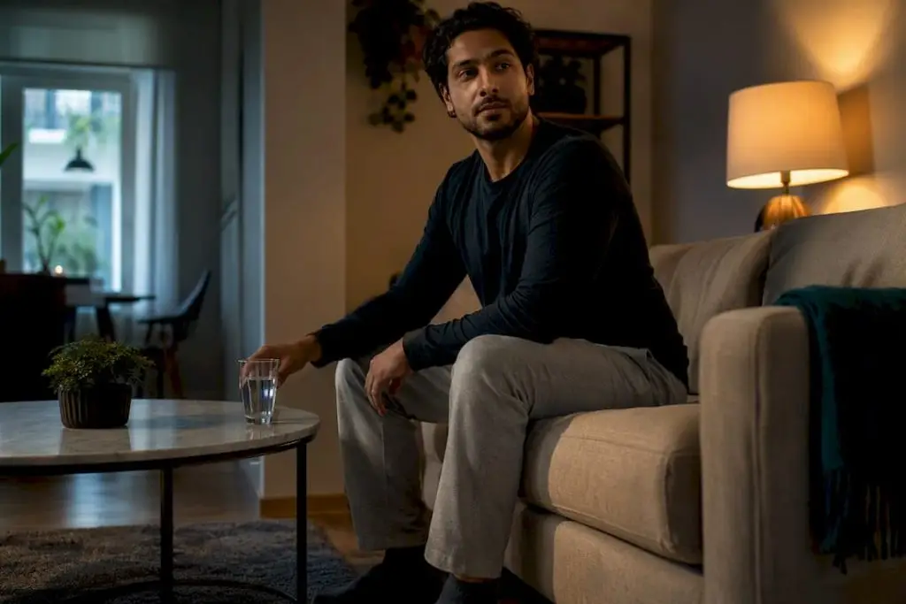 Adult resting calmly with water at home
