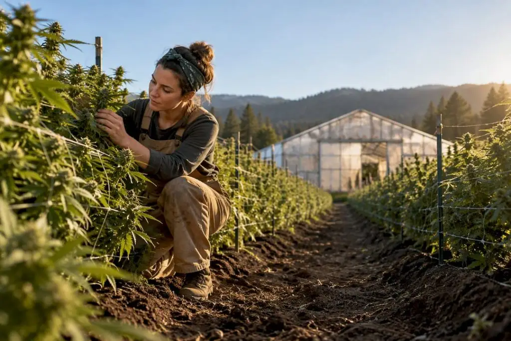 Worker tending cannabis plants on a farm