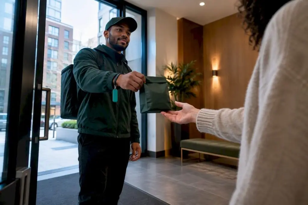 Courier making same-day delivery handoff