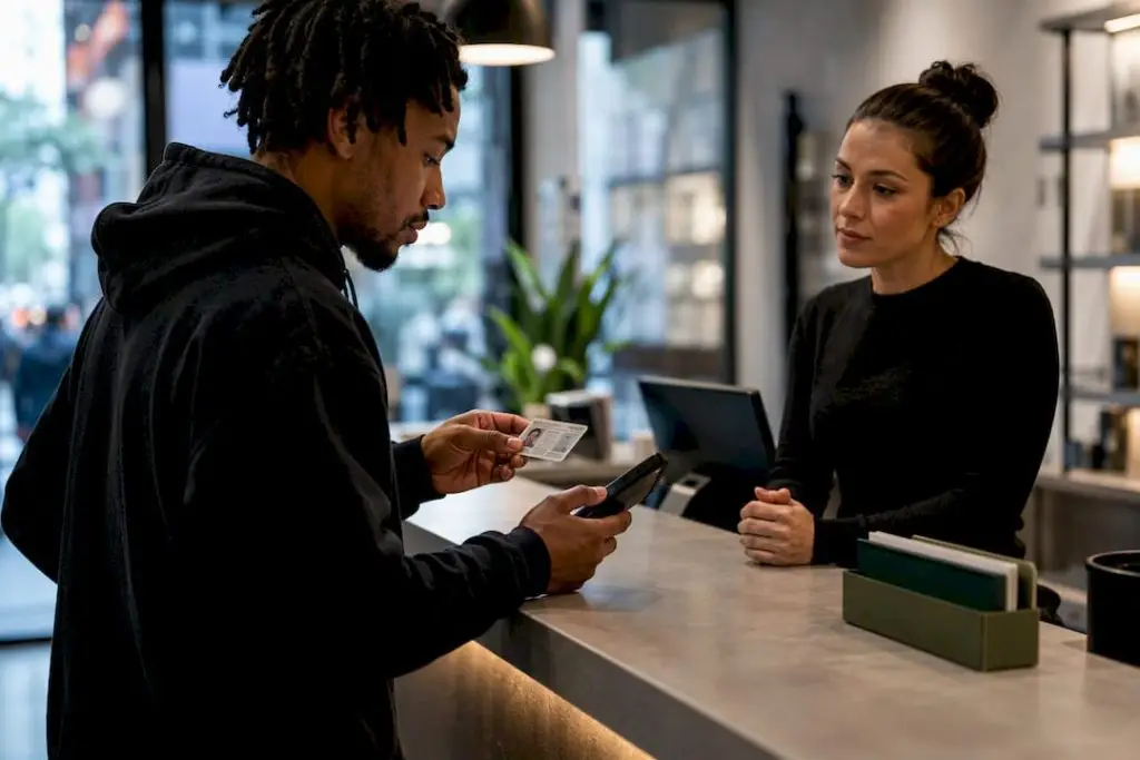 Customer verifying ID at dispensary counter