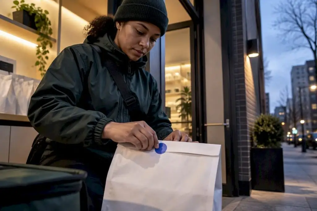 Courier securing a cannabis delivery bag