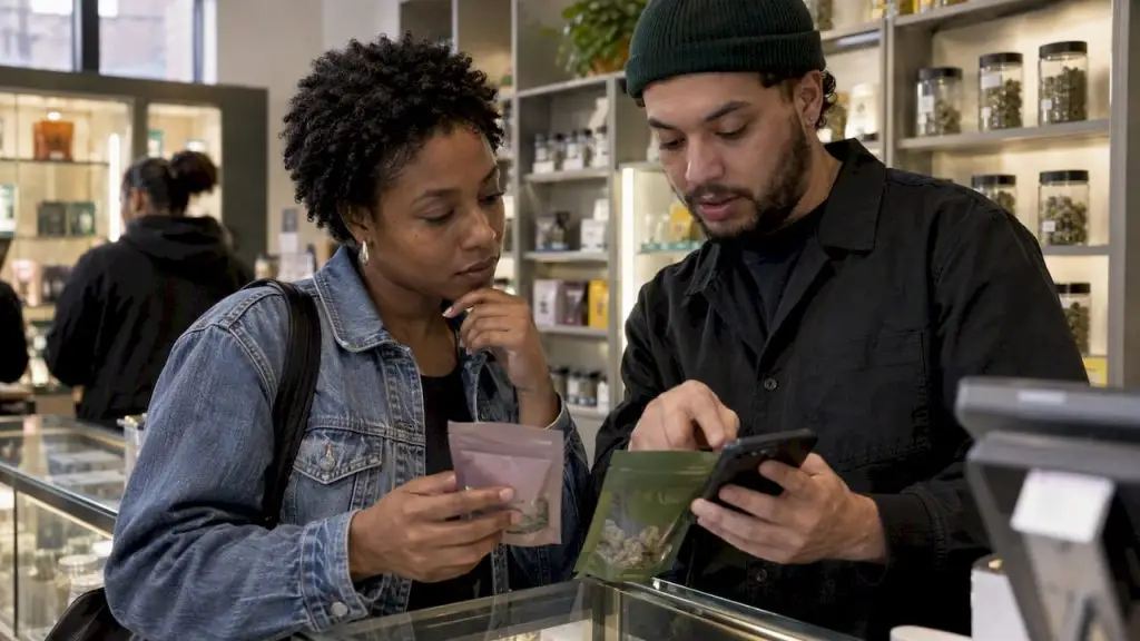 Customer comparing cannabis lab information in dispensary
