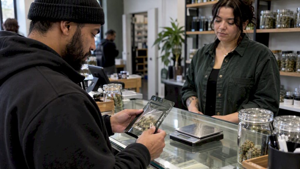 Shopper checking a cannabis eighth and scale