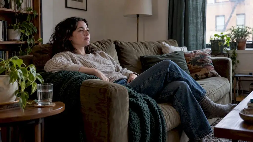 Adult resting on couch with water nearby