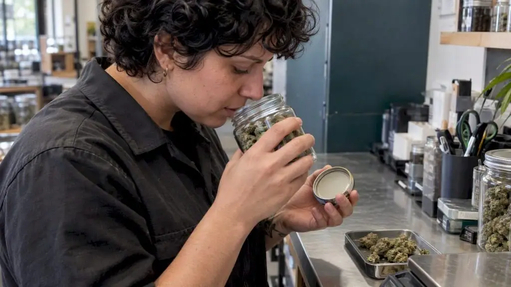 Budtender opening a jar of cured flower